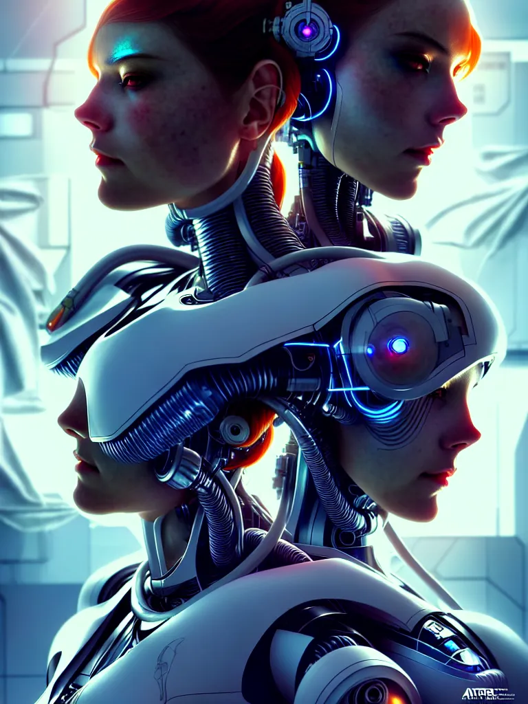 Prompt: ultra realistic, beautiful female cyborg in a space capsule, sci-fi, cyberpunk, concept art, intricate details, eerie, highly detailed, octane render, 8k, art by artgerm and alphonse mucha and moebius