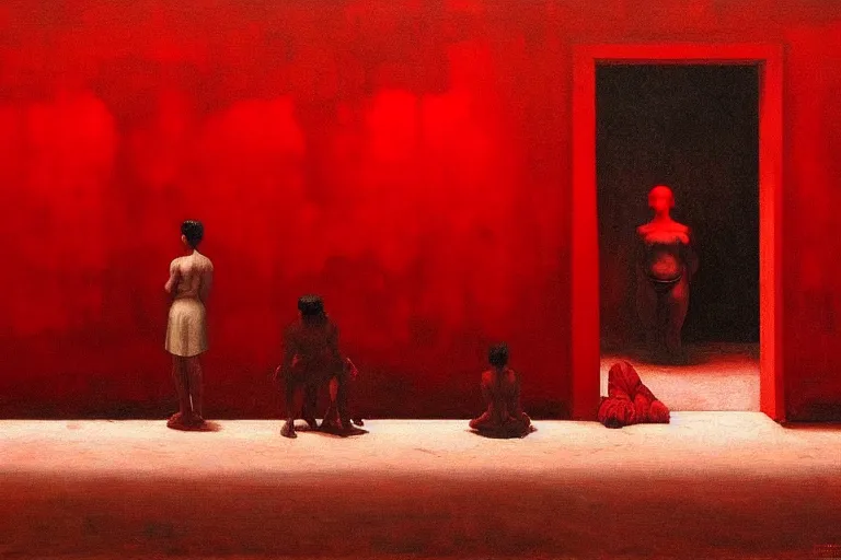 Prompt: only with red, crowd screaming, an exposed painting in a roman theater, in the style of beksinski, parts by edward hopper, parts by rodcenko, parts by yue minjun, intricate and epic composition, red by caravaggio, insanely quality, highly detailed, masterpiece, red light, artstation, 4 k