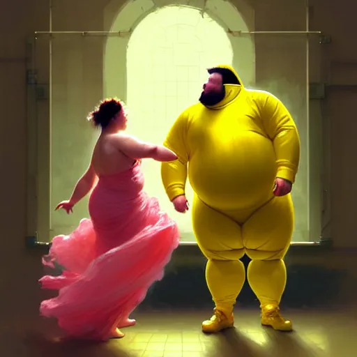 Image similar to a fat man in a yellow hazmat suit and a woman in a pink organza dress both dancing, in a messy laboratory, intricate, elegant, digital painting, concept art, smooth, sharp focus, illustration, from metal gear, by ruan jia and mandy jurgens and william - adolphe bouguereau, artgerm