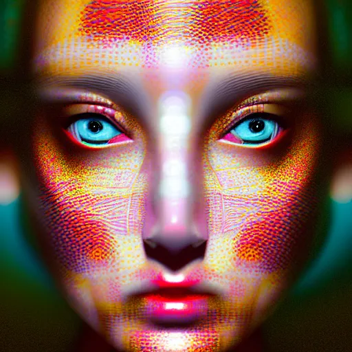 Image similar to hyperrealism aesthetic photography in araki nobuyoshi style quntum computer simulation visualisation of parallel universe cyberpunk scene with beautiful detailed ukrainian woman with detailed face and perfect eyes wearing ukrainian traditional shirt and wearing retrofuturistic sci - fi neural interface designed by josan gonzalez. hyperrealism photo on pentax 6 7, by giorgio de chirico volumetric natural light rendered in blender