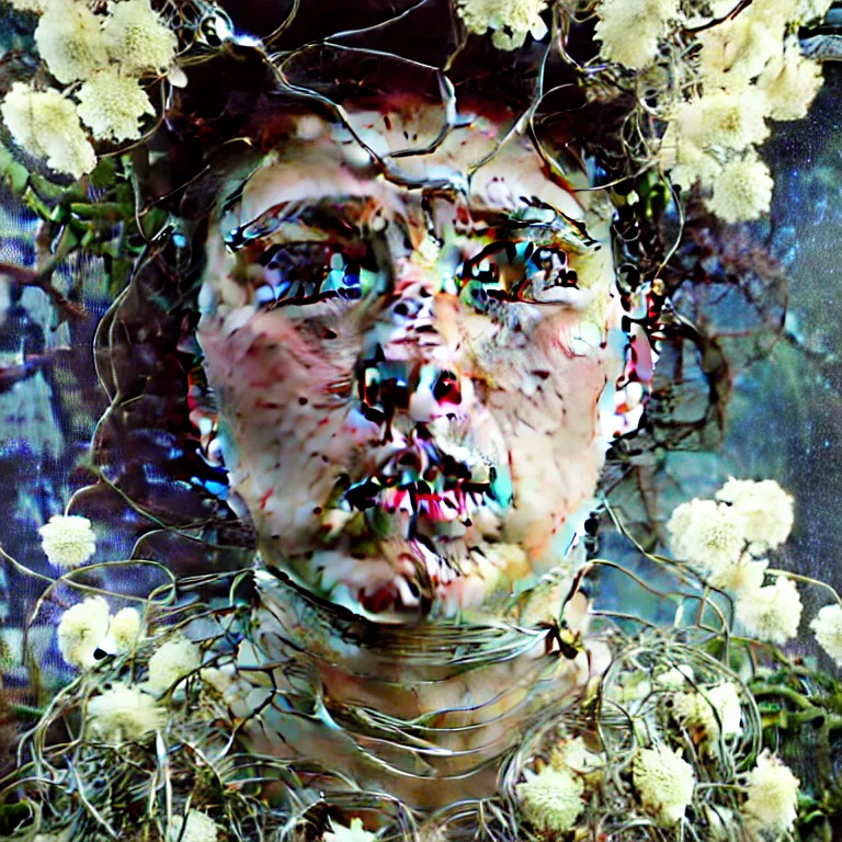 Image similar to hyperrealist realistic wonderful face portrait of a 2 0 4 4 space sport engineer, it is decorated with long wires and white flowers that fall like vines and wears a huge computer crown. by jeremy mann and alphonse mucha, fantasy art, photo realistic, dynamic lighting, artstation, poster, volumetric lighting, very detailed faces, 4 k, award winning