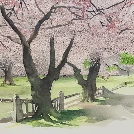 Image similar to a palace chamber filled with cherry blossom trees, watercolour