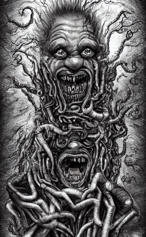 Image similar to lovecraftian jay leno breaking free from this dimension by wayne barlow, stanley donwood, anton semenov, zdzislaw bekinski, hr giger, 8 k, fantasy, dark, highly detailed