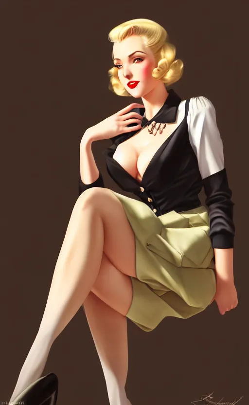 Image similar to a beautiful blonde femme fatale woman wearing a 1 9 4 0 s skirt, silk stockings, and padded shoulders jacket, anime. realistic shaded lighting by ilya kuvshinov giuseppe dangelico pino and michael garmash and rob rey, 8 k