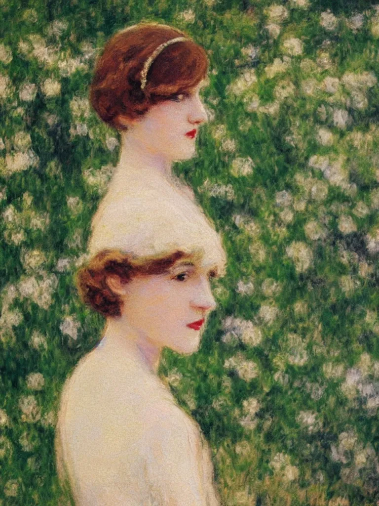 Image similar to portrait of < zelda fitzgerald > as a beautiful young lady wearing 1 9 2 0 s fashion, blurry face, brown hair, slim, fair, severe out of focus, depth of field, pleinairism, in the sun, backlit, closeup, oil on canvas, atr by monet, in the style of le promenade, smooth, impressionnisme, 8 k