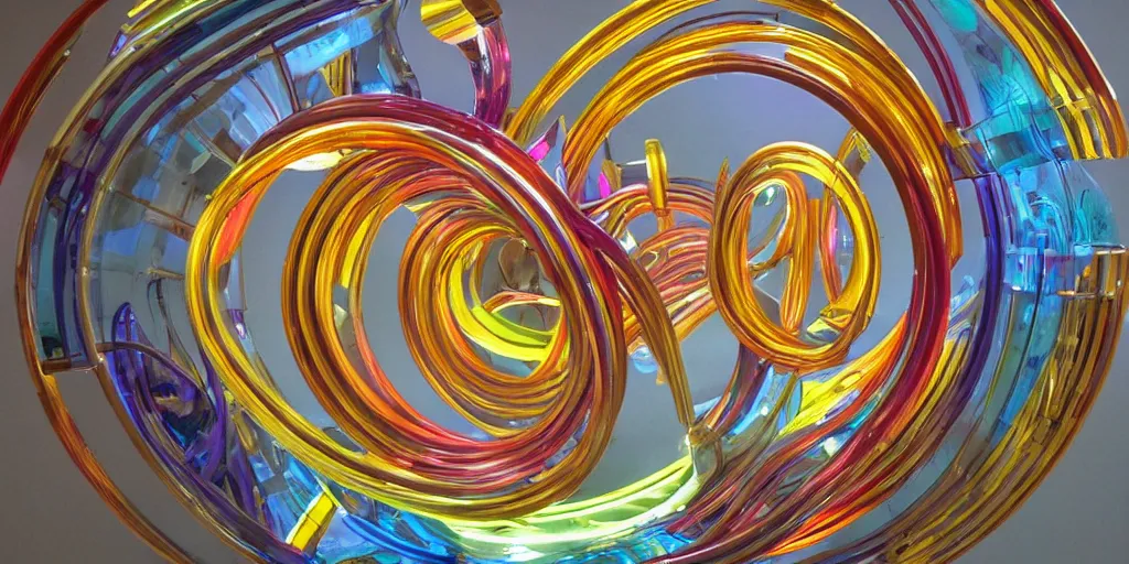 Prompt: wide angle color photo of futurist sculpture of colourful spirals. harvey littleton. coloured glass with brass inlay.