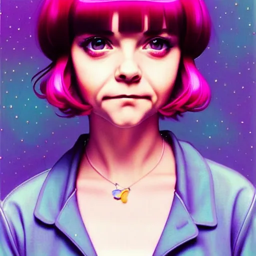 Image similar to a beautiful youth teen christina ricci as she was ramona flowers with head tilted curiously, focus close on mischievous eyes, soft skin, eighties holographic art by ilya kuvshinov monet range murata artgerm katsuhiro otomo norman rockwell, highly detailed intricately sharp focus, bedroom eyes trending on pinterest vogue italia unreal engine