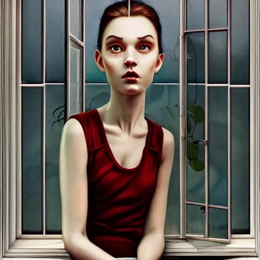 Image similar to Lofi portrait at a window, Pixar style by Stanley Artgerm and Tom Bagshaw and Tristan Eaton and Tim Burton