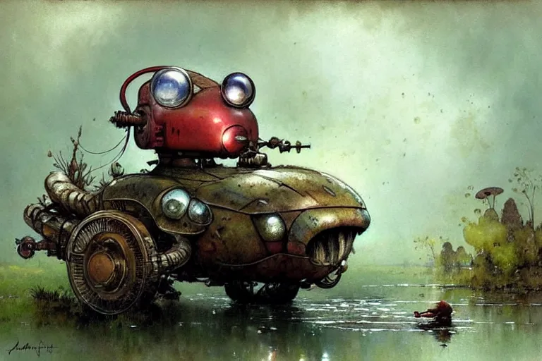 Image similar to adventurer ( ( ( ( ( 1 9 5 0 s retro future robot mouse amphibious vehical home. muted colors. swamp mushrooms ) ) ) ) ) by jean baptiste monge!!!!!!!!!!!!!!!!!!!!!!!!! chrome red