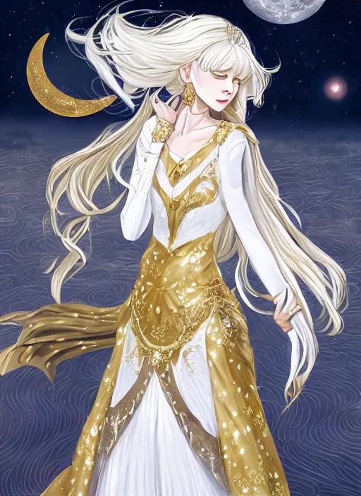 Image similar to commissioned full body portrait of a female anthro wolf princess fursona with white hair wearing a white and gold Japanese armored dress in a white and gold palace on a starry night with a large crescent moon, by a professional manga illustrator, Stanley Artgerm Lau, WLOP, Rossdraws, James Jean, Andrei Riabovitchev, Marc Simonetti, and Sakimichan, trending on artstation