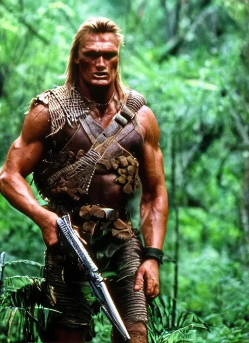 Image similar to film still of Dolph Lundgren as Dutch in Predator, 4k