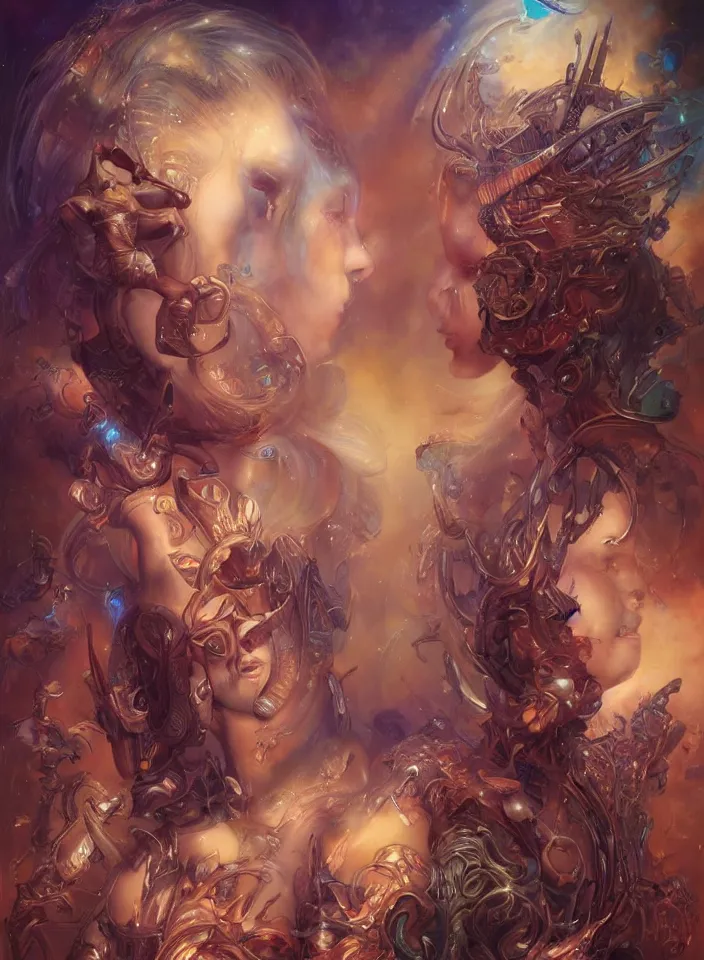 Image similar to beautiful gemini good and evil fantasy female character portrait, highly saturated colors, ultra realistic, wide angle, intricate details, the fifth element artifacts, holographic undertones, highly detailed by peter mohrbacher, hajime sorayama, wayne barlowe, boris vallejo, aaron horkey, gaston bussiere, craig mullins