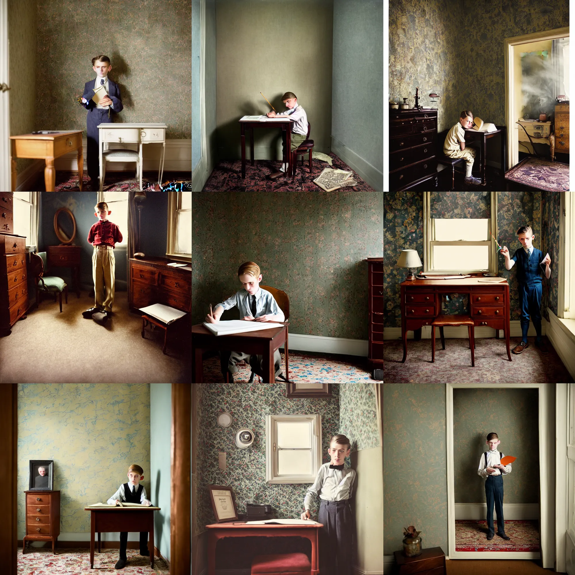 Prompt: kodak portra 4 0 0, wetplate, 8 mm extreme fisheye, award - winning colour portrait by britt marling of a 1 9 2 0 s room, picture frames, dust, smoke, 1 9 2 0 s furniture, wallpaper, carpet, muted colours, handsome 8 yo boy in 1 9 2 0 s cloth doing homework, fog