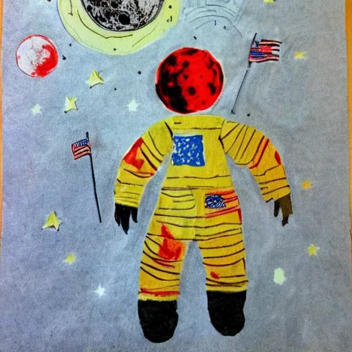 Image similar to children's artwork of the moon landing, detailed
