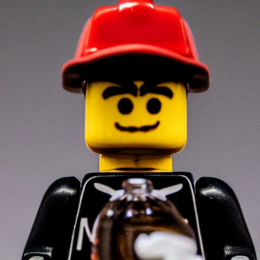 Image similar to !dream macro photo of angry man lego figure in black sportswear, eight-piece cap on head, holding a vodka bottle, ambient lighting