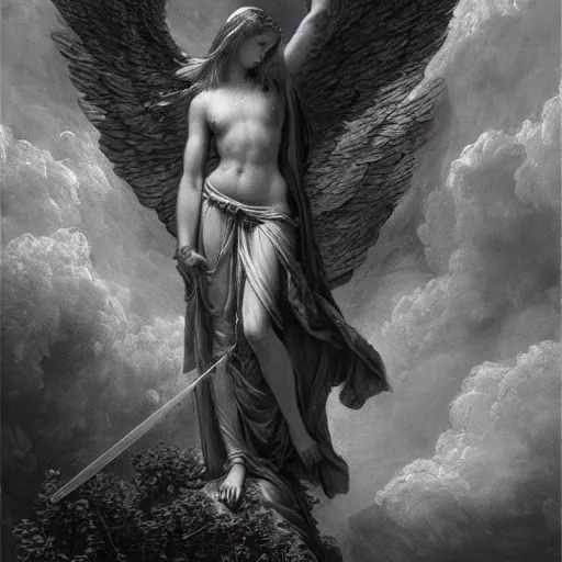 Prompt: a painting of an angel holding a sword by gustave dore, artstation, gothic art, apocalypse art, angelic photograph, detailed painting