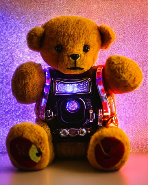 Image similar to high quality presentation night photo of an illuminated cute retro toy robot teddy bear, photography 4k, f1.8 anamorphic, bokeh, 4k, Canon, Nikon