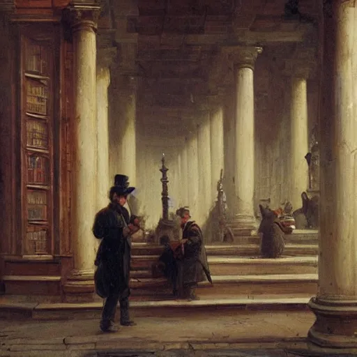 Image similar to painting of a scifi ancient civilzation victorian book shop with pillars on a sidewalk, andreas achenbach