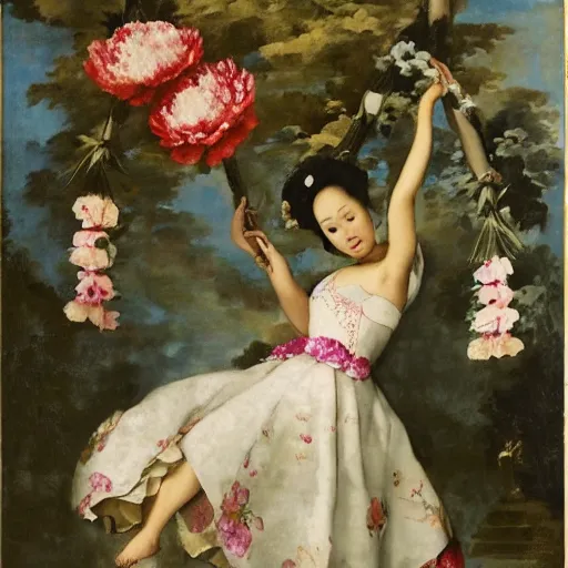 Image similar to A women in a peony dress swings on a flower swing in Bali style by velasquez