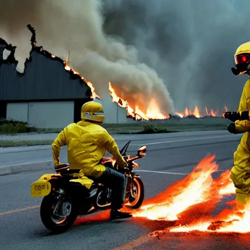 Prompt: photo of walter white and jesse pinkman riding motorcycles with an exploding building on fire behind them, color, cinematic lighting, highly detailed