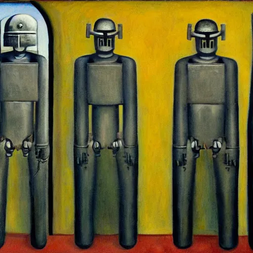 Prompt: robot bishop guards, human subjugation, brutalist supermax prison facility, end times, grant wood, pj crook, edward hopper, oil on canvas