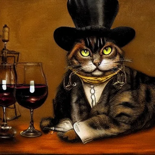 Prompt: A steampunk cat , sitting at a bar, smoking a cigar, enjoying a glass of wine, in the style of Rembrandt