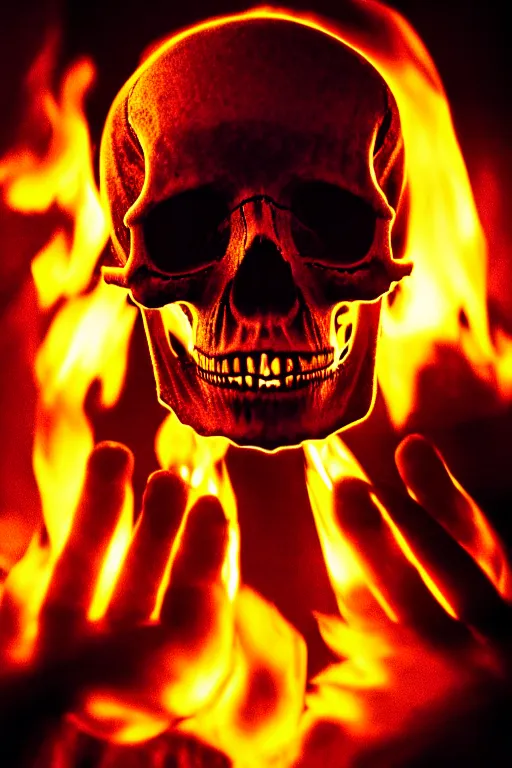 Image similar to photograph of a skull burning while being held up by a skeletal hand photorealistic, hyperdetailed, volumetric light, cinematic, f 8 aperture