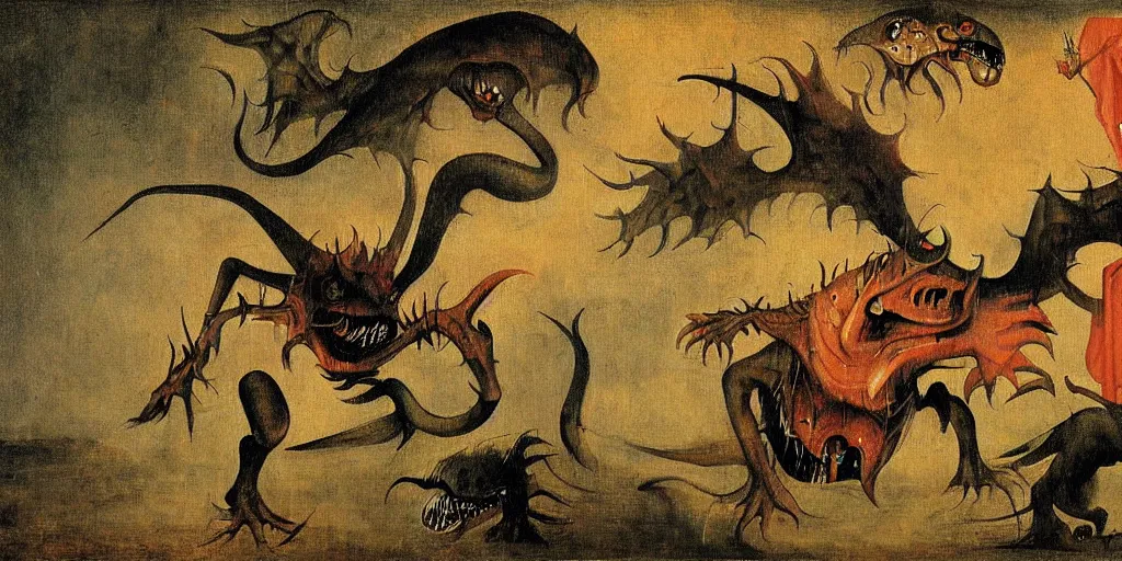 Image similar to a tarrasque fighting a powerful wizard as drawn by hieronymus bosch, oil painting, highly detailed