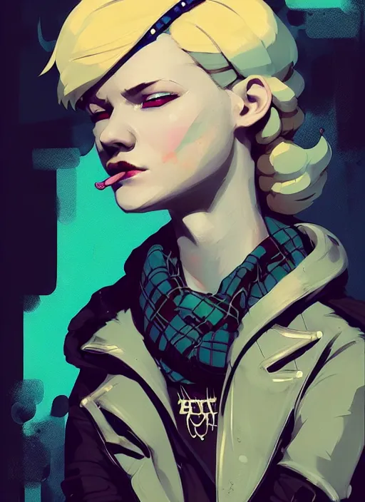 Image similar to highly detailed closeup portrait of a sewer punk lady thief student, tartan vestments, blonde hair by atey ghailan, by greg rutkowski, by greg tocchini, by james gilleard, by joe fenton, by kaethe butcher, gradient, blue, black, brown and cream color scheme, grunge aesthetic!!! white graffiti tag wall background