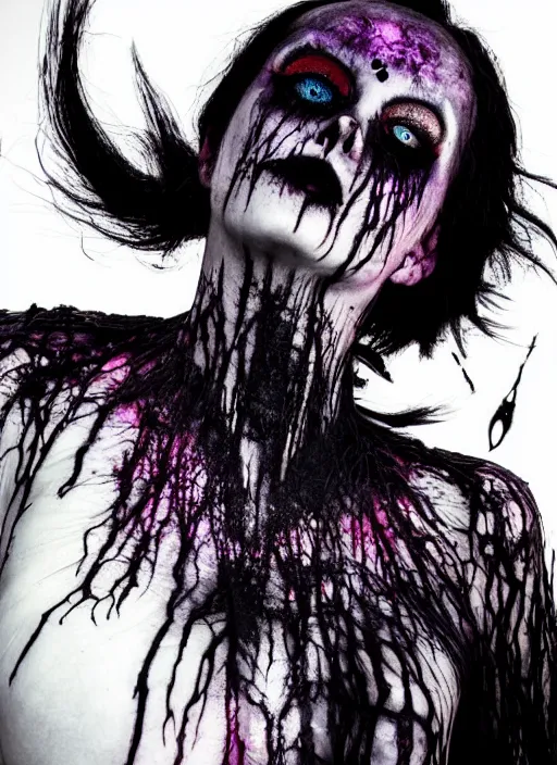 Prompt: gothic soul - spirit with galaxy dead eyes, random decor of necro blast, psycho colors veins, realistic flavor, twisted sorrow fade soft, award winning photoshoot, godzilla 4