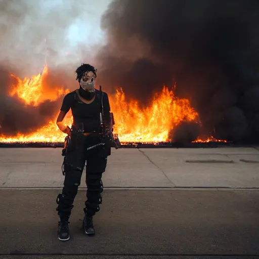 Image similar to Candid extreme wide shot of a poor techwear mixed woman with short hair and tattoos outside of a futuristic Los Angeles on fire, a police MRAP on fire, cyberpunk, 4k, extreme long shot, desaturated, full shot, action shot, motion blur, depth of field, sigma 85mm f/1.4, high resolution, 4k, 8k, hd, full color, award winning photography, war photography