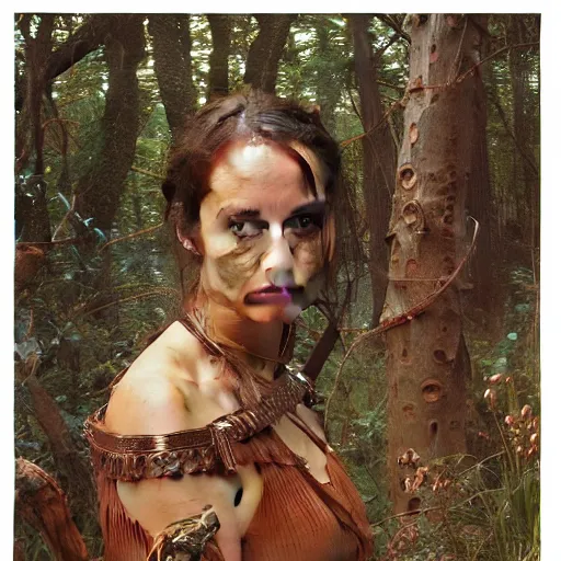 Prompt: a detailed, beautiful portrait oil painting of someone who looks a 1 8 - year old keisha castle hughes and gemma ward, with a hurt expression, wearing intricate, etched copper armor in an ancient forest, by donato giancola, john williams waterhouse, and william adolphe bouguereau