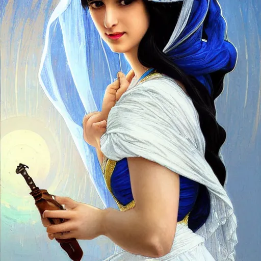 Image similar to greek Ameera al-Taweel, blue eyes, wavy black hair, white veil, highly detailed, digital painting, artstation, concept art, smooth, sharp focus, illustration, ArtStation, art by artgerm and greg rutkowski and alphonse mucha and J. C. Leyendecker and Edmund Blair Leighton and Katsuhiro Otomo and Geof Darrow and Phil hale and Ashley wood and Ilya repin and Charlie Bowater