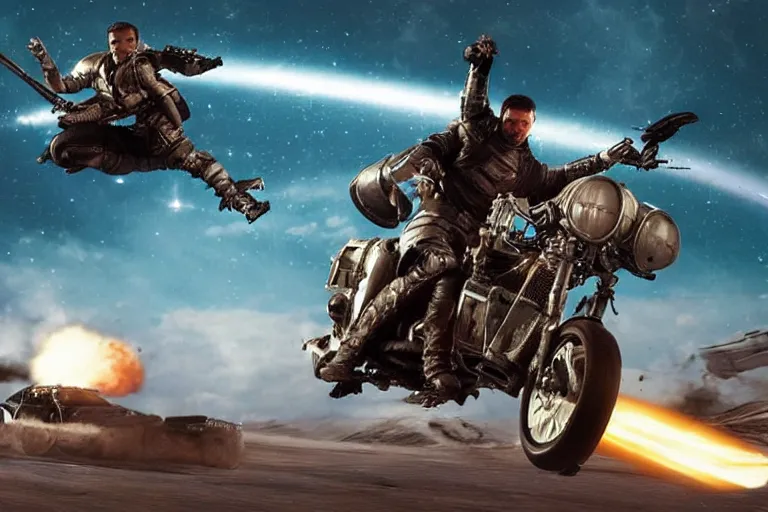 Image similar to mad max riding his interceptor in space, fighting mutants on space bikes, action - scene, very detailed, high octane