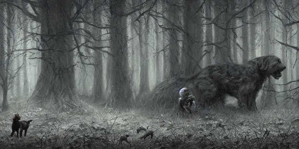 Image similar to a dog and cat find a strange huge creature in the woods, ominous atmosphere, dark environment, one source of orange light. art by artem demura and anton semenov