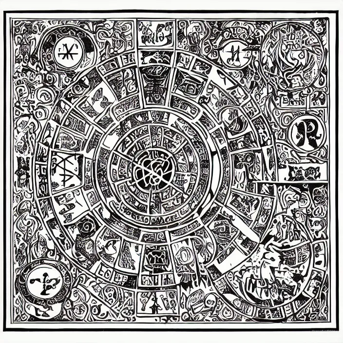 Prompt: high contrast occult ritual diagram, ornate elaborate inked antique diagram of complicated occult ritual runes and markings