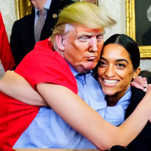 Image similar to trump and aoc hugging each other in a friendly manner in congress