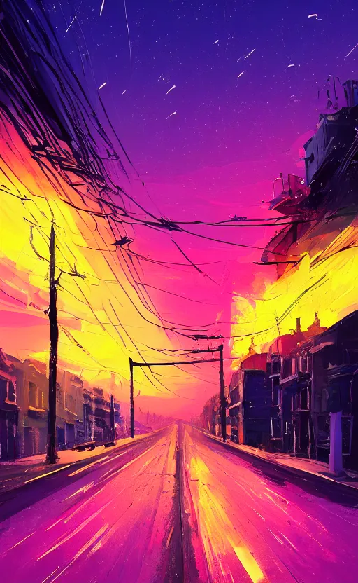 Image similar to a beautiful illustration of a street at sunset, art of alena aenami, featured on artstation, vertical orientation, paint brush strokes, expressionism, brushstroke - laden, purple hue, breathtaking clouds, traffic lights, wet concrete, beauttiful stars, cables, long exposure