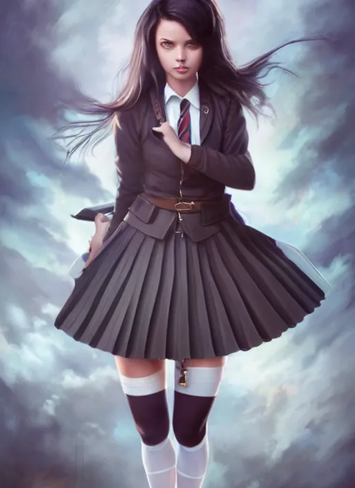 Image similar to a beautiful woman with school uniform, seifuku, pleated miniskirt, overknee socks, adriana lima, painted by artgerm and tom bagshaw, fantasy art, dramatic lighting, highly detailed oil painting, volumetric lighting