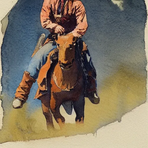 Prompt: a watercolor painting of a cowboy riding a dinosaur in the style of n. c. wyeth and in the style of james gurney.