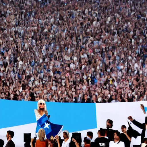 Image similar to Lady Gaga as president, Argentina presidential rally, Argentine flags behind, bokeh, giving a speech, detailed face, Argentina