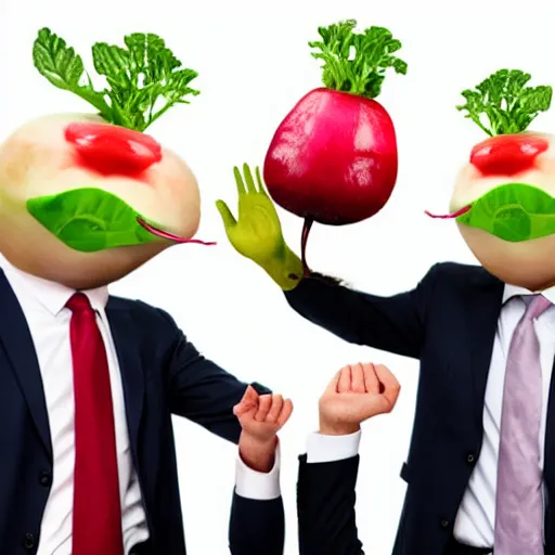 Image similar to hilarious stock photo of a radish with a face wearing a suit on a man's body, high fiving another person's face