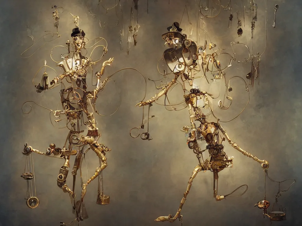 Image similar to a clockwork marionette made of fabric and gold by peter mohrbacher, photorealistic, puppet, strings, 8 k