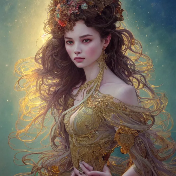 Prompt: jennie with sparkling eyes, messy hair, closed up portrait, highly detailed, gold filigree, epic, stunningly beautiful, insanely detailed, fantasy novel, soft cinematic lighting, award, disney concept art, watercolor illustration by mandy jurgens and alphonse mucha and alena aenami, pastel color palette, featured on artstation