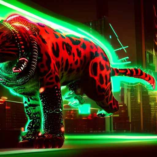 Prompt: a neon cyberpunk cyborg jaguar animal pouncing, octane render