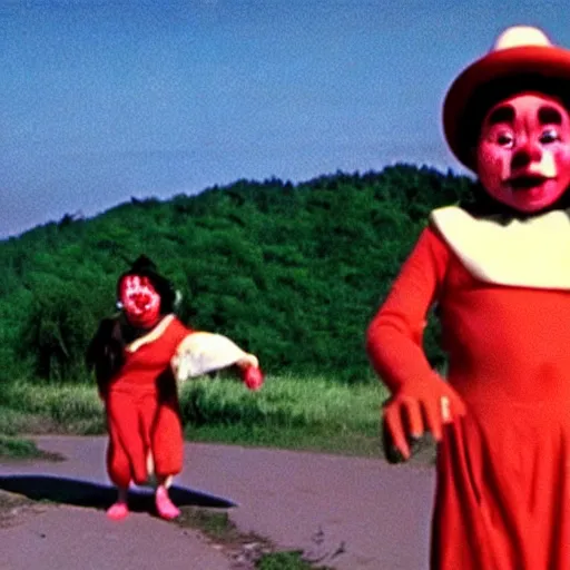 Image similar to screenshot from the scene from the holy mountain where the conjoined child clowns play. The child clowns are conjoined at the head and neck. Cinematic, VHS copy, film grain, 35mm film.