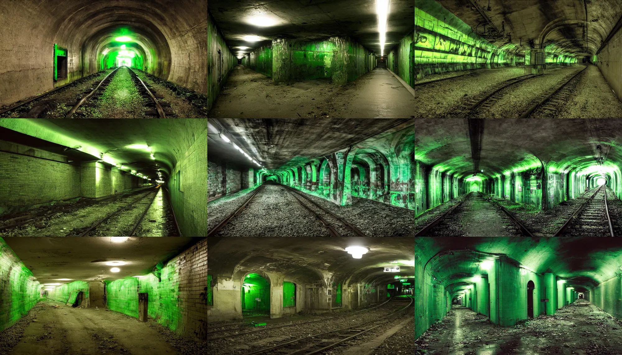Prompt: subway tunnel, creepy, abandoned, radioactive green mushrooms, low brightness