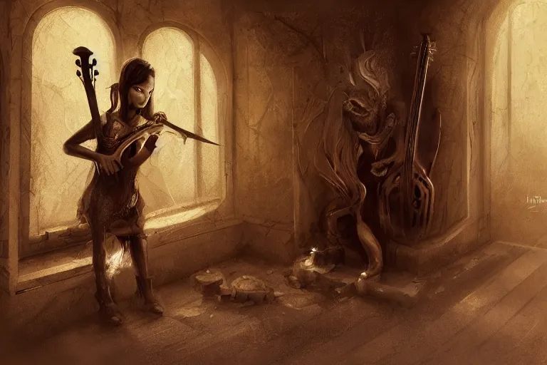 Image similar to an empty brutalist chamber, lonely, somber, a cursed carved wooden lute, oud, guitar designed by brian froud and hr giger leans against the wall alone, abandoned. a thin wisp of smoke rises from the lute. late afternoon lighting cinematic fantasy painting by jessica rossier