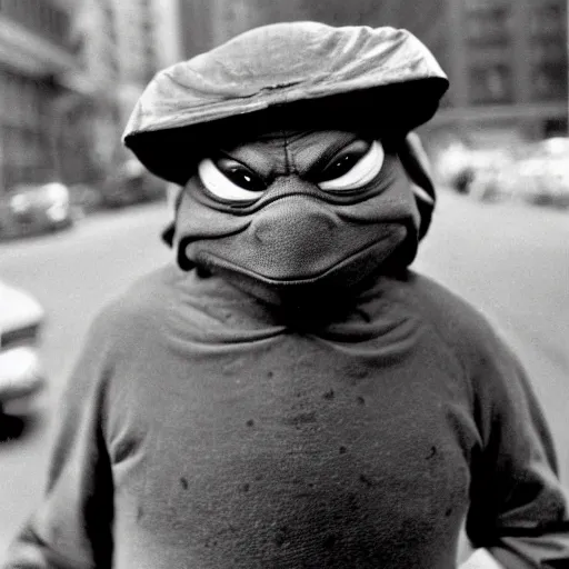 Image similar to Beautiful Portrait Photograph from 1950s of a ninja turtle in the middle of a New York street,