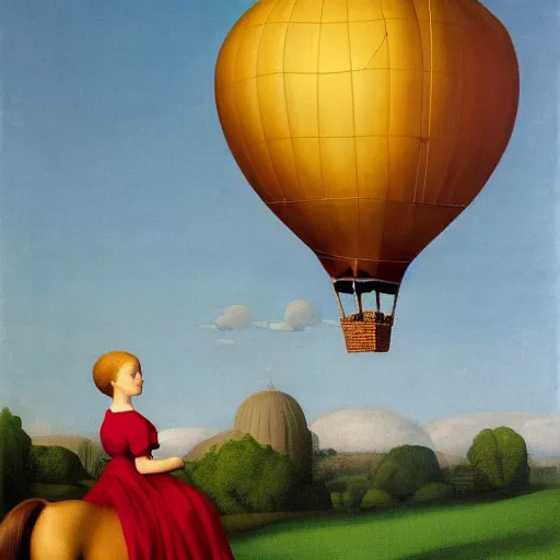 Image similar to a girl and her horse enjoy a hot-air balloon show by Raphael, Hopper, and Rene Magritte. detailed, romantic, enchanting, trending on artstation.